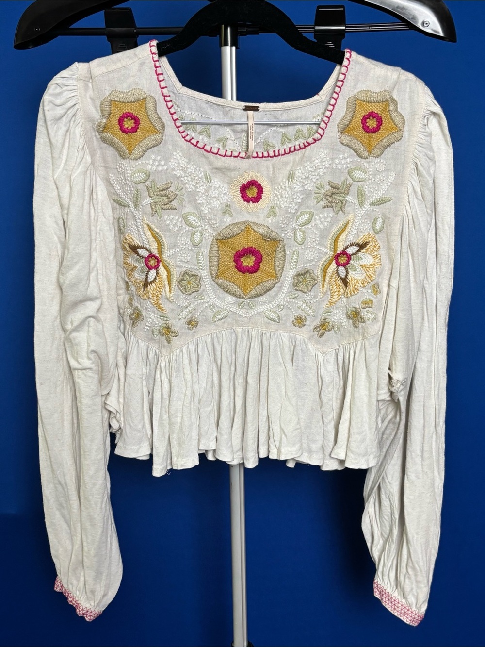Free People Cream Embroidered Peasant Top with Pink & Gold Details